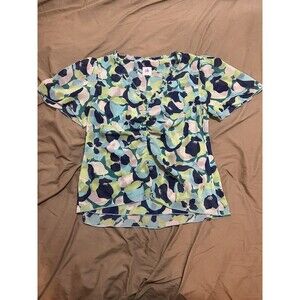 CAbi Trixie Top #6087 Large Blue & Green Floral Short Flutter Sleeve Blouse